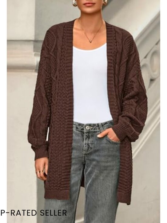 Oversized Cable Knit Cardigan Chunky Lantern Sleeve Open Front Sweater Cozy - Picture 2 of 7